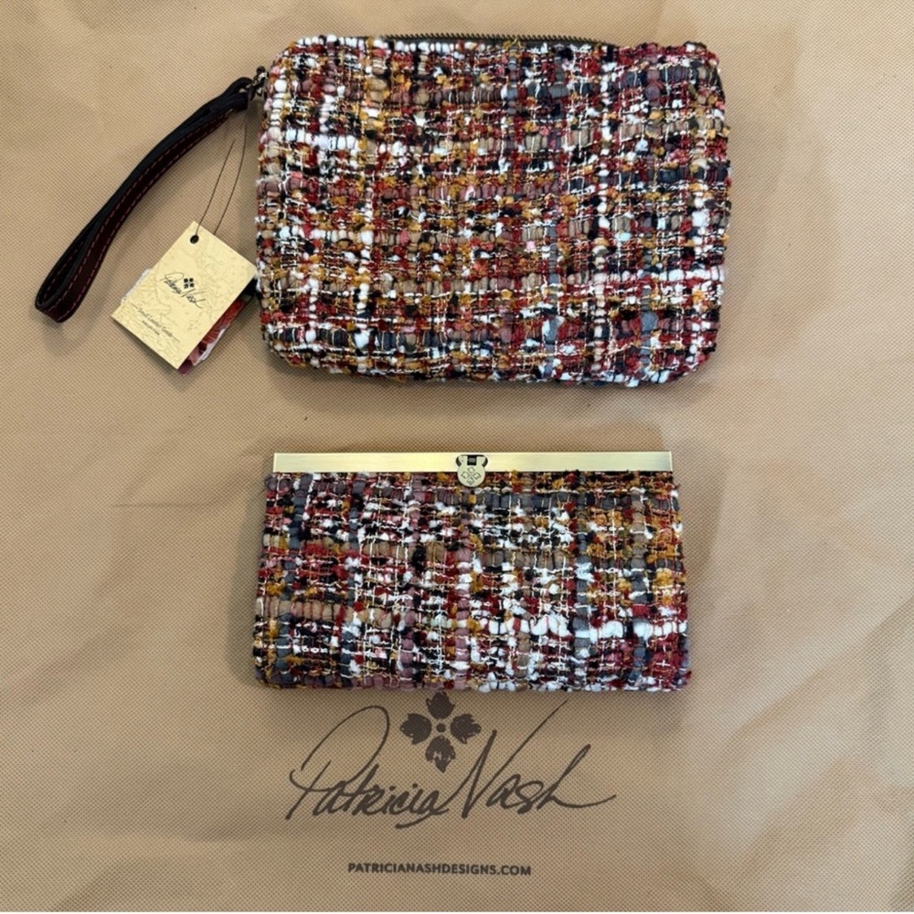 Patricia Nash boucle tweed burgundy black cream khaki bag wallet pouch set - Picture 9 of 16